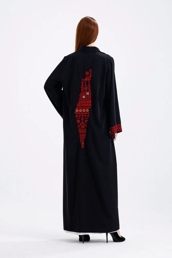 عباية فلسطينية مطرزة مع حزام - أسود